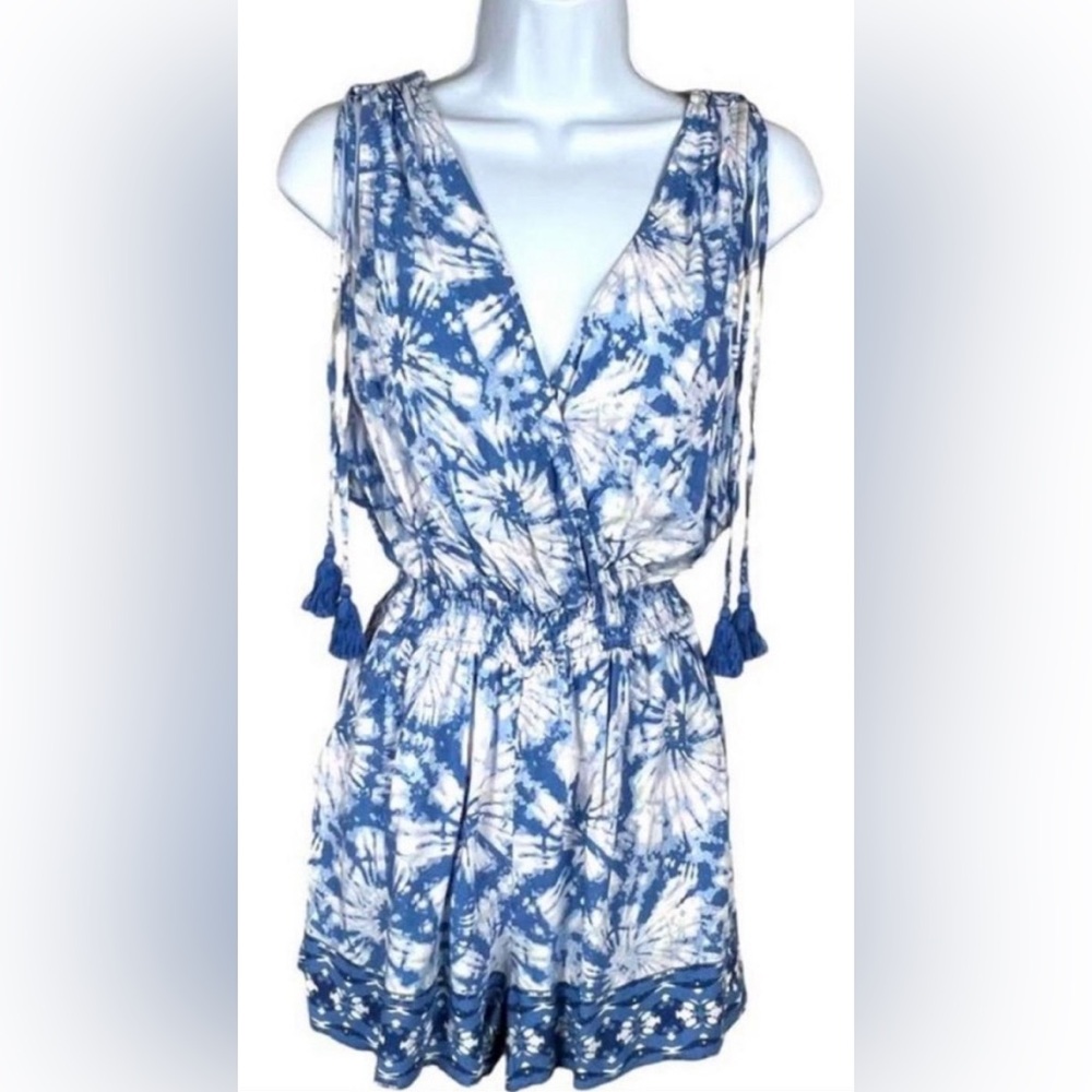 Bepop Blue/White Tie dye romper with tassels size S